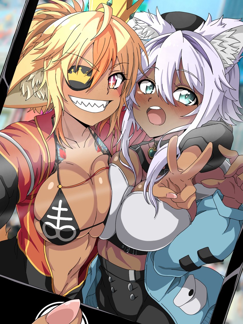 animal_ears big_breasts bikini black_bikini black_bodysuit black_bottomwear black_clothing black_headwear black_skinsuit black_swimwear blonde_hair blue_clothing blue_eyes blue_topwear blush blush_lines bodysuit bottomwear breast_squish breasts cleavage clothed clothing colored_nails cross_pupils crown dark_body dark_skin duo ears_down electronics eye_patch eyebrow_through_hair eyebrows eyelashes eyewear female freckled_face freckles fur gesture grey_clothing grey_topwear hair hand_gesture headgear headwear holding_object holding_phone inner_ear_fluff looking_at_viewer nails navel open_bodysuit open_clothing open_mouth open_topwear phone pink_nails pivoted_ears purple_body purple_fur purple_hair red_bodysuit red_clothing red_eyes red_skinsuit sharp_teeth skinsuit smile squish swimwear taking_picture taking_selfie tattoo teeth tight_clothing topwear translucent translucent_hair tuft two-piece_swimsuit v_sign yellow_body yellow_fur ryohei_29 animal_humanoid humanoid 3:4 hi_res