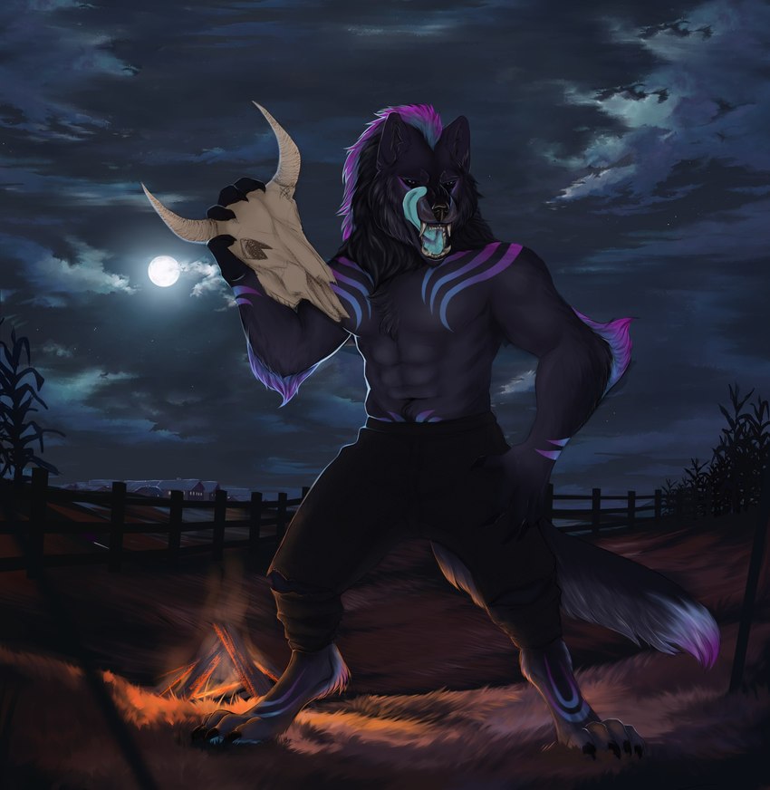 abs anthro biped black_body black_fur blue_body blue_fur blue_tongue bone campfire claws clothed clothing detailed_background digitigrade dipstick_tail evil_grin fangs fur holding_object holding_skull licking licking_lips licking_own_lips male markings multicolored_body multicolored_fur muscular muscular_male navel night open_mouth outside partially_clothed pink_body pink_fur pose self_lick sharp_teeth skull smile solo standing tail tail_markings teeth tongue tongue_out topless blindrain mythology logyn canid canine mammal mythological_canine mythological_creature werecanid werecanine werecreature werewolf 2022 hi_res