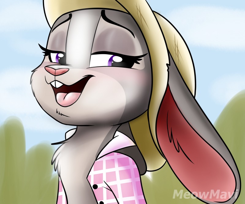 anthro blush chest_tuft clothed clothing female hat headgear headwear open_clothing open_mouth open_shirt open_topwear pattern_clothing pattern_shirt pattern_topwear plaid plaid_clothing plaid_shirt plaid_topwear shirt solo straw_hat topwear tuft meowmavi disney zootopia judy_hopps lagomorph leporid mammal rabbit 2018 6:5 absurd_res hi_res