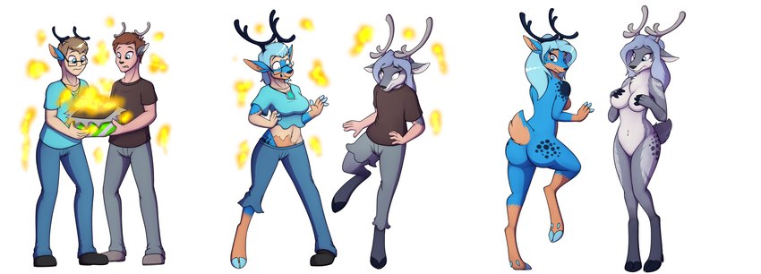 anthro antlers blue_body blue_fur blue_hair bottomwear breast_growth breasts butt clothed clothing covering covering_breasts duo fake_antlers fake_horns featureless_crotch female fur gender_transformation grey_body grey_fur grey_hair growth hair horn human_to_anthro male mtf_transformation nude pants shirt short_tail species_transformation tail topwear transformation tomek1000 deer human mammal new_world_deer reindeer hi_res