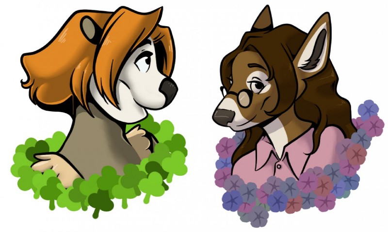 anthro black_eyes brown_hair duo eyewear female glasses hair orange_hair mitti deer mammal mustelid otter