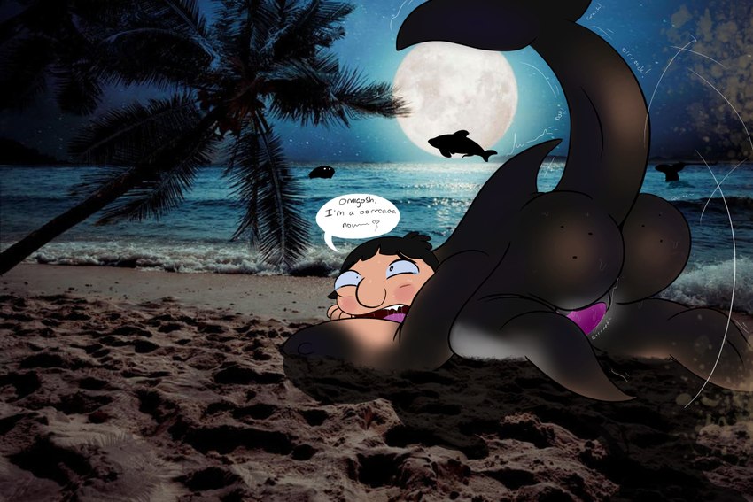 anthro beach butt full_moon male moon motion_lines photo_background raised_tail solo speech_bubble tail transformation young sandune third-party_edit bob's_burgers gene_belcher cetacean dolphin humanoid mammal marine oceanic_dolphin orca toothed_whale 3:2 photography_(artwork)