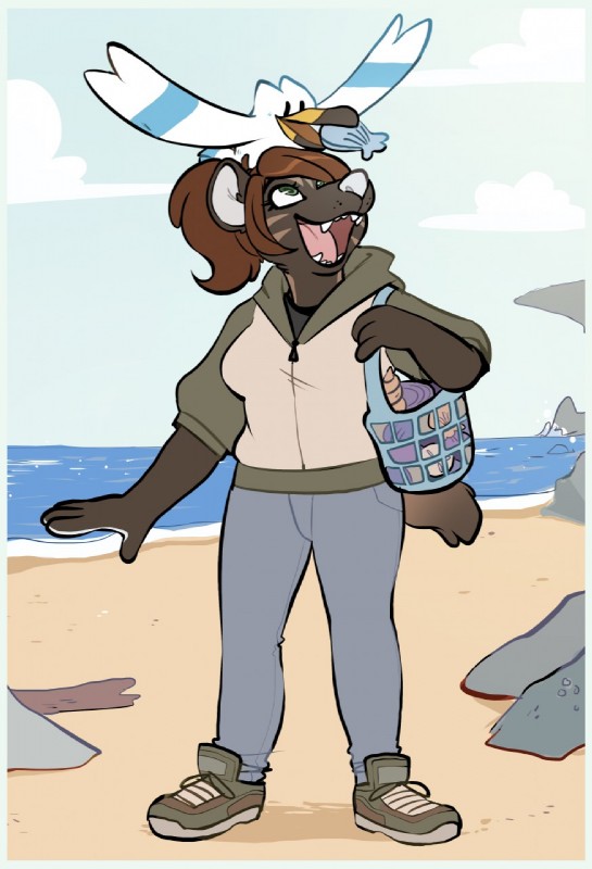 anthro basket beach brown_body brown_fur brown_hair clothed clothing container duo female feral footwear fur green_eyes hair happy hoodie looking_up open_mouth outside seashell seaside shell shoes smile standing teeth tongue topwear water ricket nintendo pokemon zoya_(monstercatpbb) avian bird generation_3_pokemon hyena mammal pokemon_(species) striped_hyena wingull 2016 digital_media_(artwork) hi_res