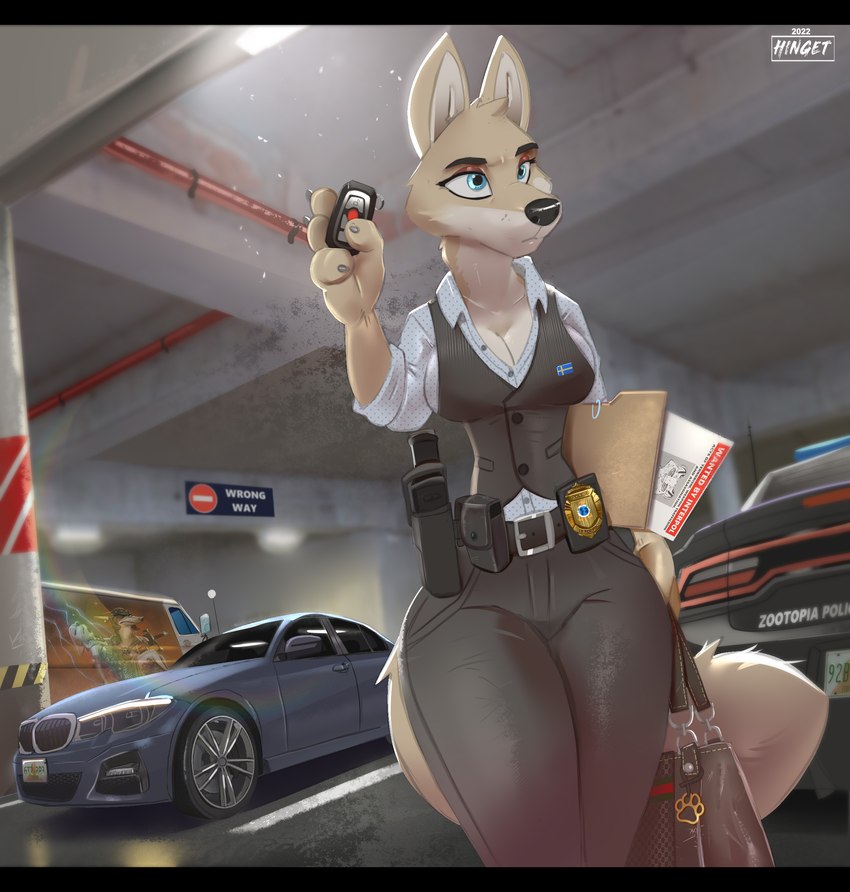 anthro black_bars breasts car car_alarm cleavage clothed clothing female file handbag holstered_pistol interpol motor_vehicle parking_garage police police_car police_officer police_vehicle solo suit suit_vest swedish_flag vehicle wanted_poster hinget bmw disney dodge_charger zootopia anya_isklo canid canine canis mammal wolf hi_res letterbox