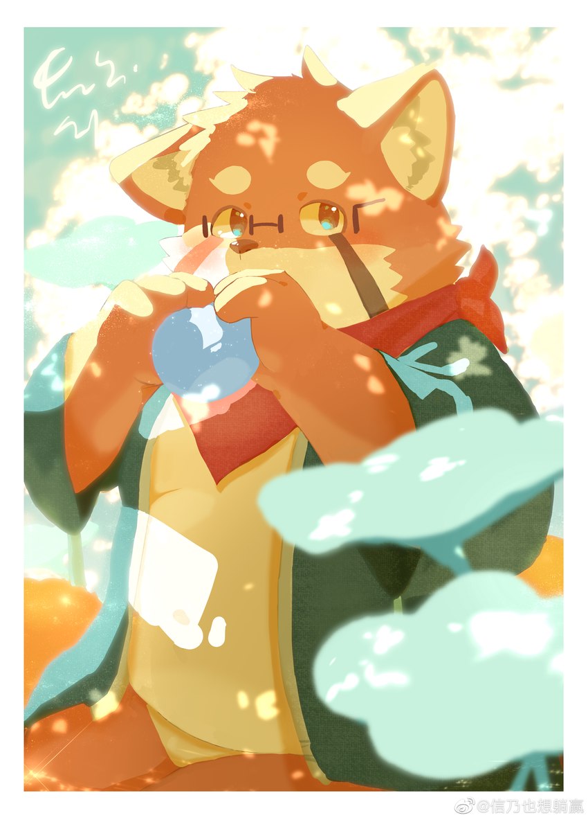 anthro belly biped blush clothed clothing eyewear fur glasses kemono male orange_body orange_fur scarf sitting slightly_chubby solo xinnai0485 xinnainai ailurid mammal red_panda 2021 absurd_res hi_res watermark