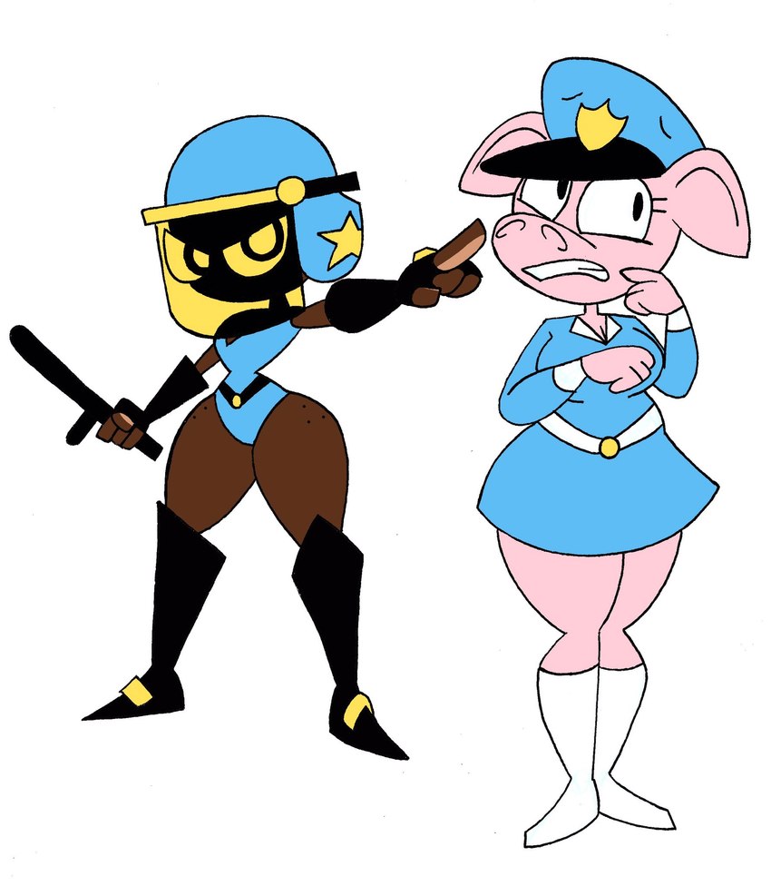 anthro clothed clothing dark_body dark_skin duo female mask pink_body police police_baton police_hat police_uniform policewoman simple_background thick_thighs uniform white_background wide_hips rexon02 domestic_pig human mammal suid suine sus_(pig) hi_res