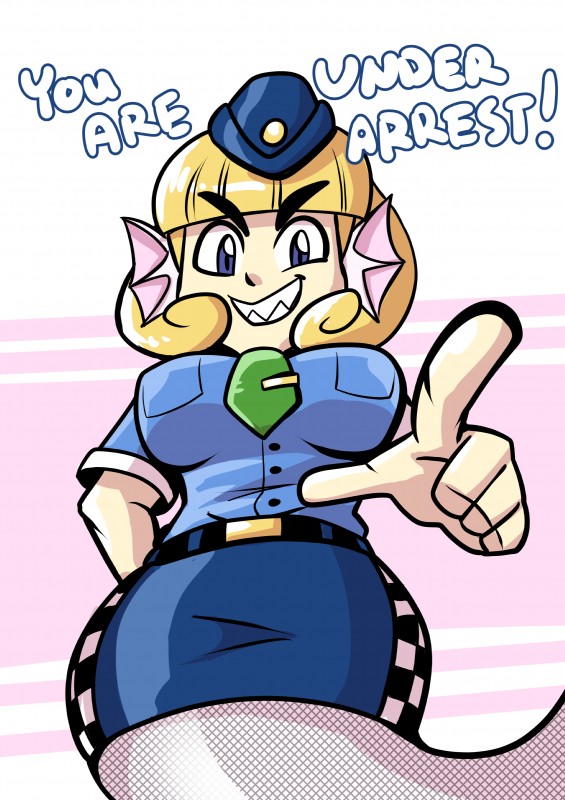 blonde_hair blue_eyes breasts clothed clothing female gesture grin hair hand_gesture hat headgear headwear low-angle_view monster_girl_(genre) pointing police police_uniform sharp_teeth simple_background smile solo split_form teeth text uniform anaugi monster_girl_gamu lorelei_(monster_girl_gamu) humanoid marine merfolk 2016 absurd_res digital_drawing_(artwork) digital_media_(artwork) english_text hi_res