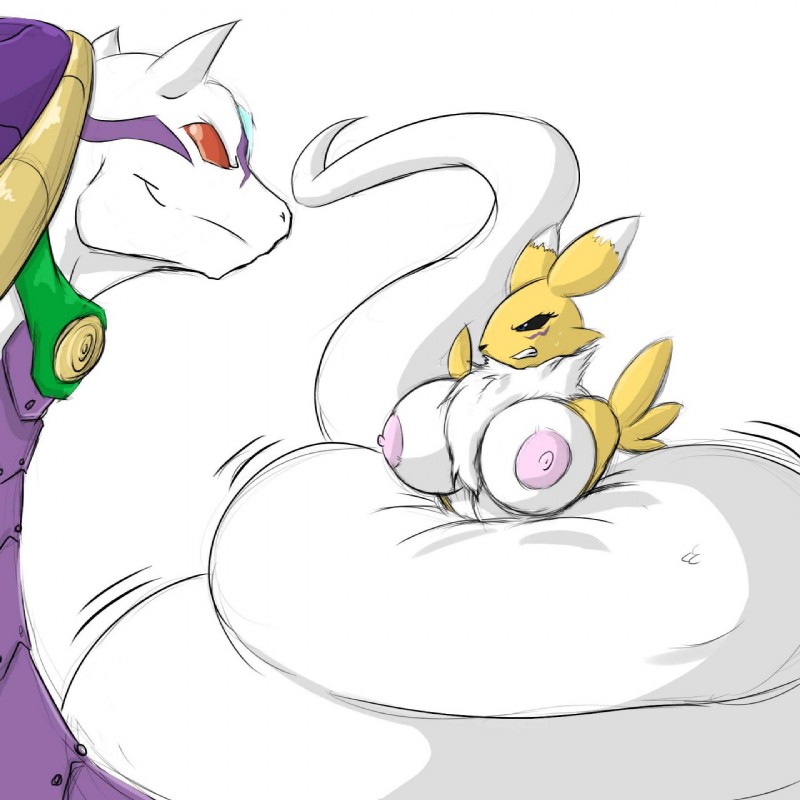 ambiguous_gender anthro areola big_breasts black_sclera breasts captured coiling duo erect_nipples female huge_breasts nipples serpentine size_difference squeezing shinysteel bandai_namco digimon canid canine digimon_(species) mammal renamon sandiramon 1:1 hi_res