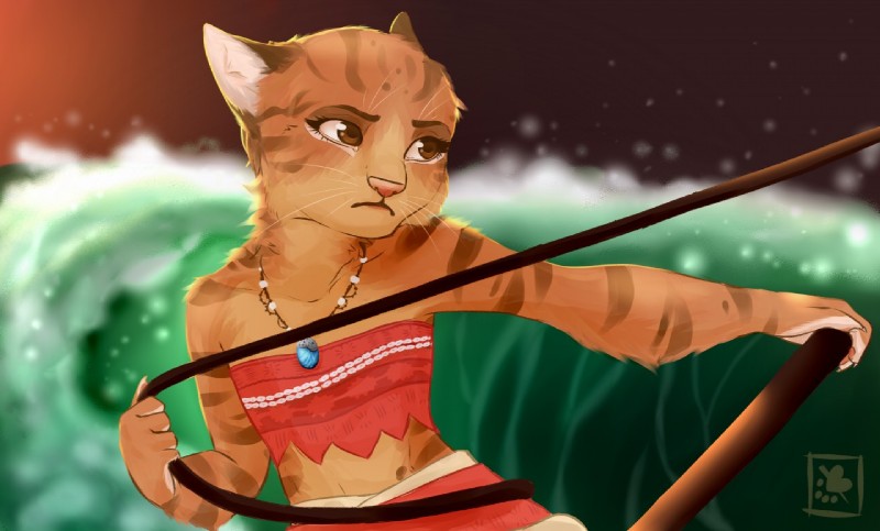 anthro brown_eyes female fur jewelry midriff necklace sea solo striped_body striped_fur stripes water kahncchi disney moana zootopia meowana domestic_cat felid feline felis mammal