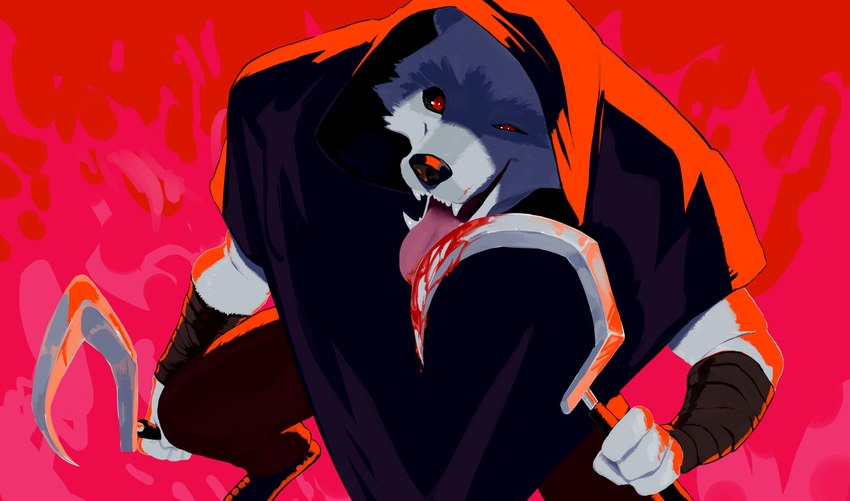 anthro black_sclera blood blood_on_weapon bodily_fluids cloak clothing dual_wielding facial_markings fangs fire fire_background fur head_markings holding_object holding_weapon hood hood_up licking licking_blood licking_weapon looking_at_viewer male markings mask_(marking) open_mouth poncho red_background red_eyes sickle simple_background smile solo teeth tongue tongue_out weapon white_body white_fur wristband cat_n1p dreamworks puss_in_boots_(franchise) death_(puss_in_boots) canid canine canis mammal wolf absurd_res hi_res