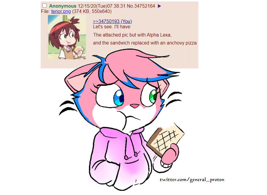 anthro bite_mark blue_body blue_fur brown_hair chewing clothing female food fur hair heterochromia jacket looking_away looking_sideways luluco pink_body pink_fur sandwich_(food) solo text topwear vest whiskers white_body white_fur youtuber general_proton 4chan pop-tarts ryan's_world space_patrol_luluco studio_trigger alpha_lexa domestic_cat felid feline felis human mammal digital_media_(artwork) english_text hi_res meme url watermark