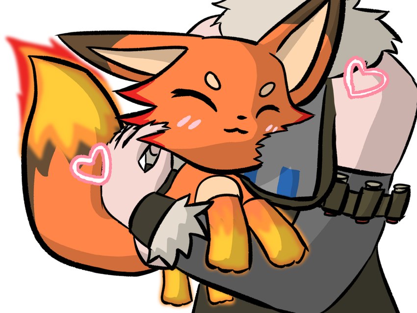 ^_^ duo eyes_closed female feral fire flamethrower happy headpat heart_symbol hug ranged_weapon smile weapon yuumisocute palworld pocketpair pal_tamer canid canine fox foxparks mammal pal_(species) 4:3 hi_res