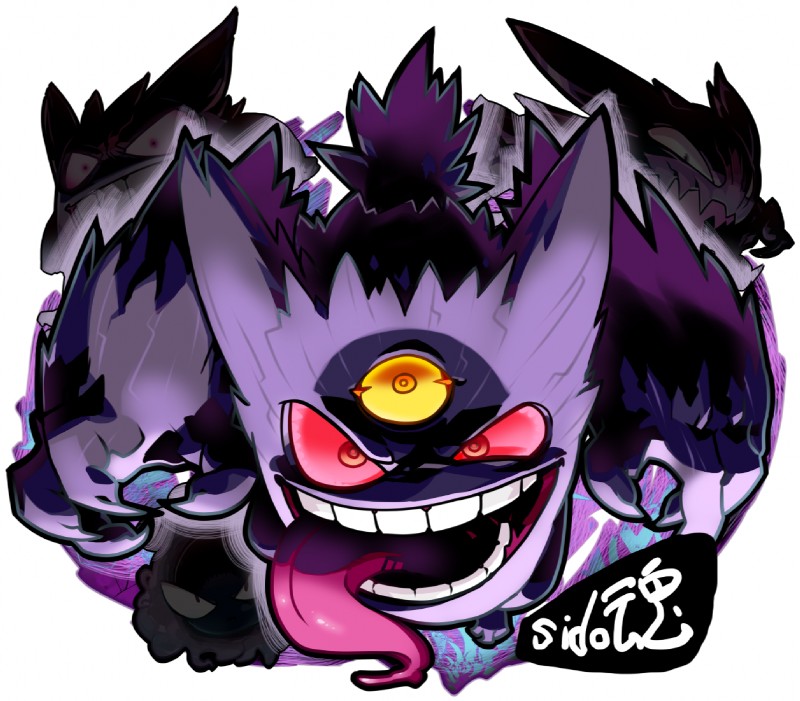 ambiguous_gender group red_eyes yellow_eyes sidotama nintendo pokemon gastly generation_1_pokemon generation_6_pokemon gengar haunter mega_evolution mega_gengar pokemon_(species)