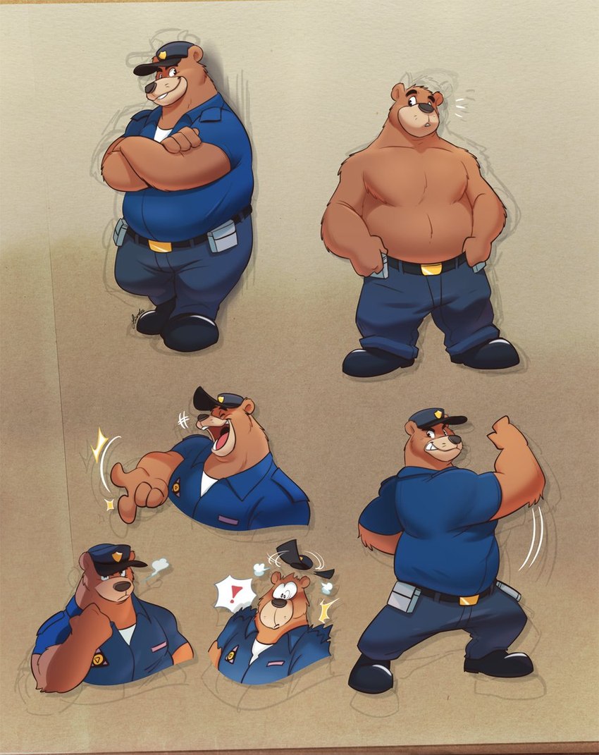 anthro belly black_nose bottomwear brown_body brown_fur clothing exclamation_point eyes_closed fur hat headgear headwear humanoid_hands laugh male moobs overweight overweight_male pants police police_badge police_hat police_officer police_uniform shirt solo surprise topwear uniform piti_yindee brok_the_investigator cowcat_games r.j._(brok_the_investigator) bear mammal 2023 hi_res