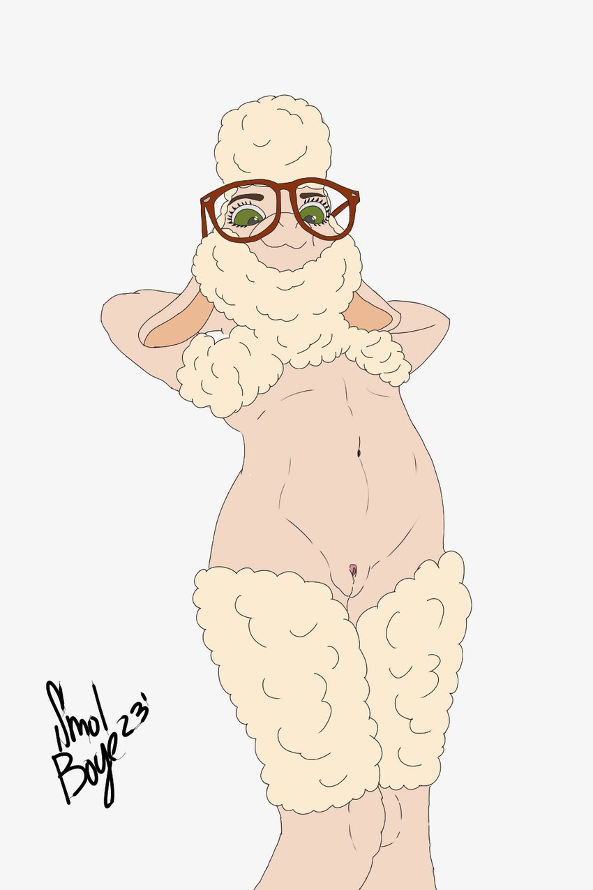 anthro belly breasts dominant dominant_young eyewear female fur genitals green_eyes hands_behind_head nude presenting pussy small_breasts smile solo wool_(fur) young smol_boye disney zootopia dawn_bellwether bovid caprine mammal sheep 2:3 hi_res