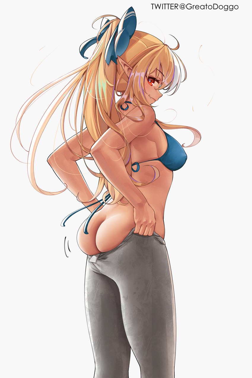 accessory athletic big_breasts blonde_hair blue_body bottomwear bow_(feature) bow_accessory bow_ribbon bra breasts bubble butt clothed clothed_female clothing female hair hair_accessory hair_bow hair_ribbon humanoid_pointy_ears no_underwear not_furry pants pointy_ears pulling_up_pants ribbons side_view simple_background skindentation solo underwear white_background yoga_pants greatodoggo hololive vtuber flare_shiranui elf humanoid hi_res