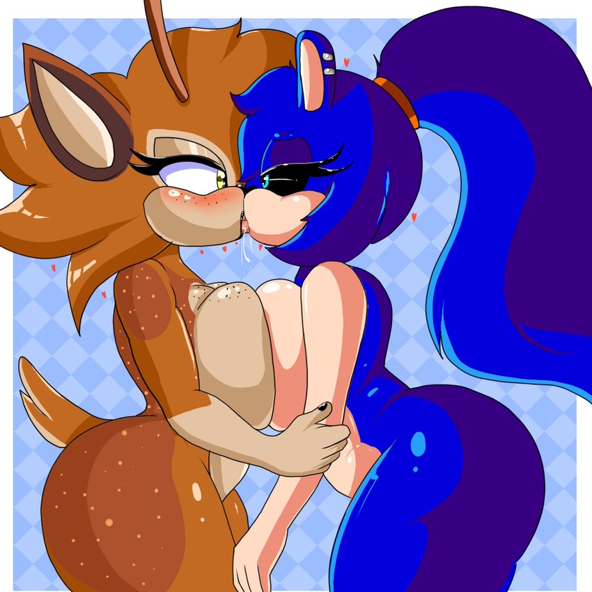 anthro antlers big_butt black_sclera blue_body blue_eyes blue_fur bodily_fluids breast_squish breasts brown_body brown_fur butt countershade_face countershade_torso countershading duo ear_piercing ear_ring eyelashes eyes_open_while_kissing female female/female freckled_breasts freckled_face freckles french_kissing fur hair horn kissing piercing ponytail ring_piercing saliva scut_tail short_tail side_butt squish tail yellow_eyes cuernosblancos sega sonic_the_hedgehog_(series) fan_character afrosoricid deer humanoid lesser_hedgehog_tenrec mammal moose new_world_deer tenrec 1:1 cel_shading portrait shaded three-quarter_portrait