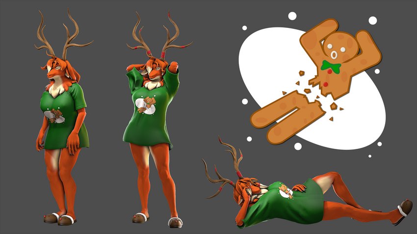 5_fingers anthro antlers big_breasts breasts brown_body brown_fur brown_hair clothed clothing female fingers footwear fur gingerbread_man hair hair_over_eye hands_behind_head horn humanoid_hands lying on_back one_eye_obstructed oversized_clothing oversized_shirt oversized_topwear ruff shirt shoes slippers solo standing topwear petruz petruz_(copyright) rudy_(petruz) deer mammal new_world_deer reindeer 16:9 2022 3d_(artwork) digital_media_(artwork) hi_res widescreen