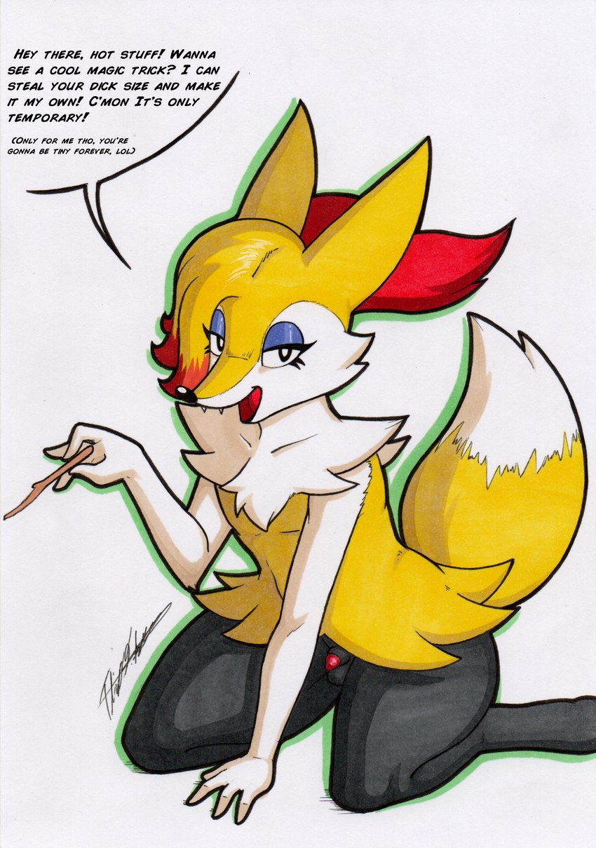 animal_genitalia animal_penis anthro balls femboy fur genitals lipsticking male penis simple_background small_penis solo tuft white_background yellow_body yellow_fur rotten_owl nintendo pokemon braixen generation_6_pokemon pokemon_(species) absurd_res hi_res traditional_media_(artwork)