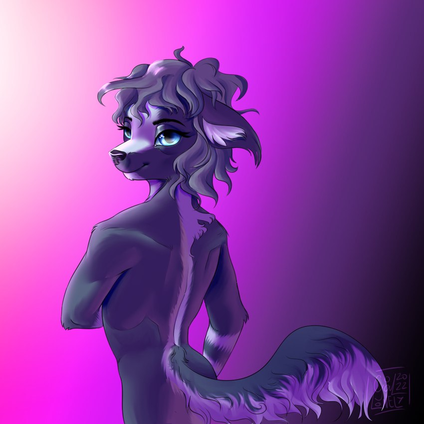 anthro blue_eyes butt looking_back male nude purple_background rear_view simple_background smile solo goallonely yppie_(character) canid canine canis domestic_dog mammal 1:1 2022 hi_res