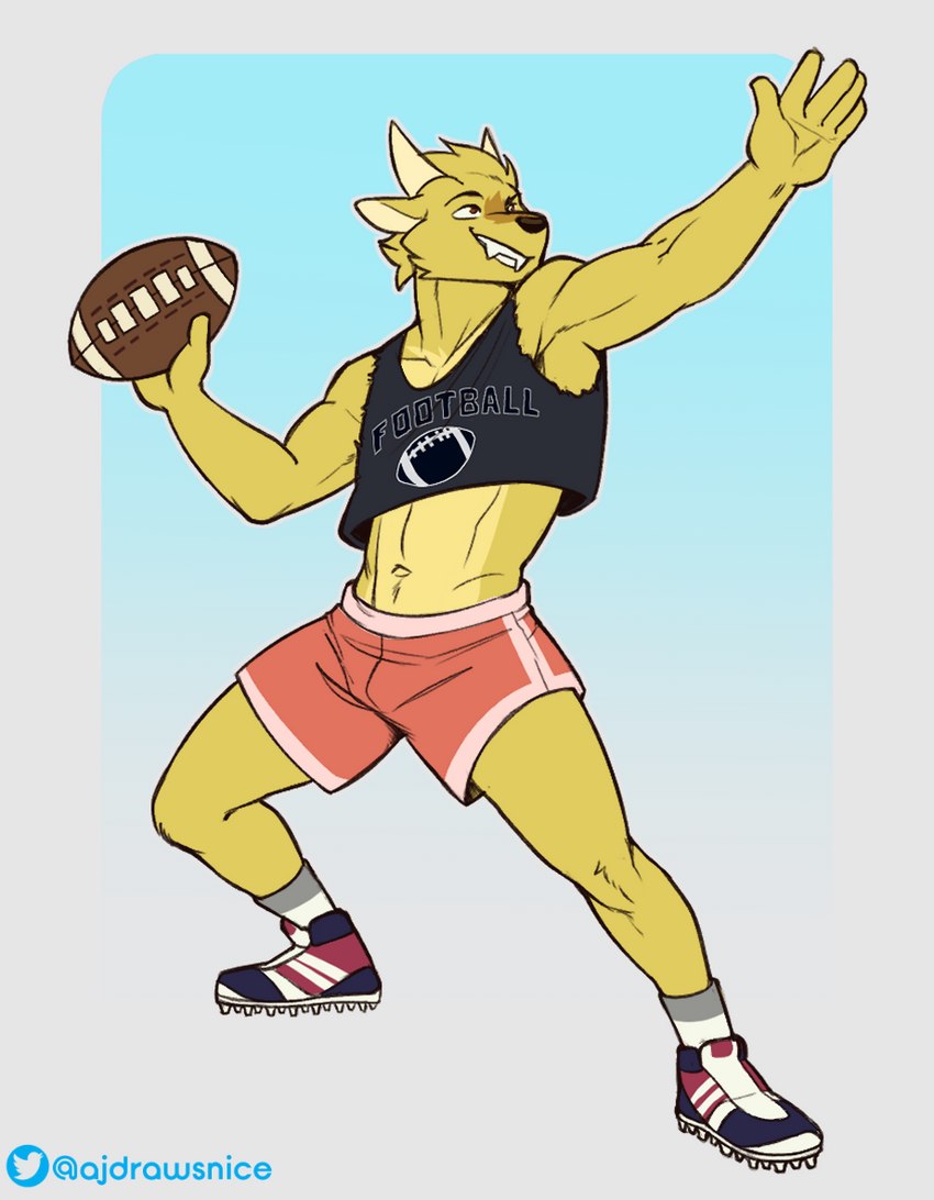 american_football anthro ball bottomwear cleats clothing crop_top fangs footwear fur gridiron_ball horn male midriff shirt shorts socks solo sport teeth text text_on_clothing text_on_topwear topwear yellow_body yellow_fur ajdrawsnice dj_strap cervine deer mammal muntjac