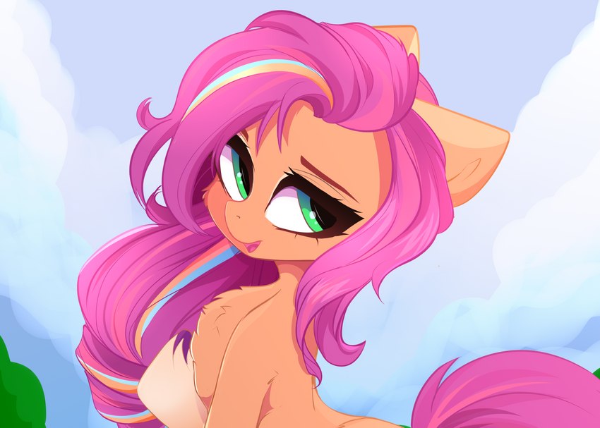 braided_hair chest_tuft eyelashes female feral green_eyes hair highlights_(coloring) orange_body purple_hair purple_tail solo tail tuft xsatanielx hasbro mlp_g5 my_little_pony sunny_starscout_(mlp) earth_pony equid equine horse mammal pony absurd_res hi_res