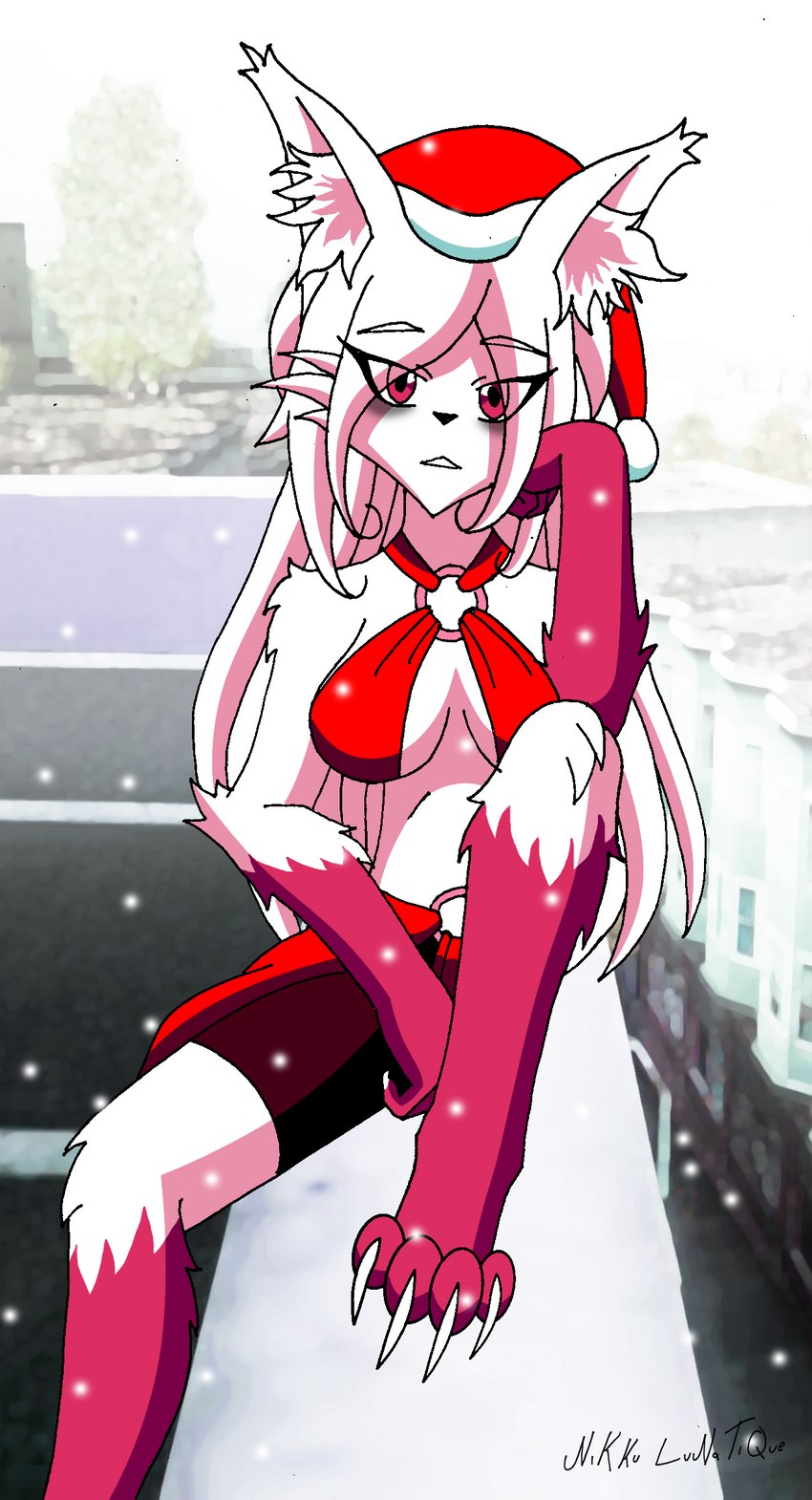 anthro barefoot big_breasts bottomwear bra breasts building christmas_clothing christmas_headwear claws clothed clothing eye_bags feet female fur gloves_(marking) hair hat headgear headwear holidays inner_ear_fluff leg_markings loincloth long_hair looking_at_viewer markings messy_hair pink_body pink_eyes pink_fur red_clothing santa_hat shorts snow snowing socks_(marking) solo tuft underwear white_body white_claws white_fur white_hair nikku_lunatique christmas charlie_(nikku_lunatique) canid canine canis fox mammal hi_res