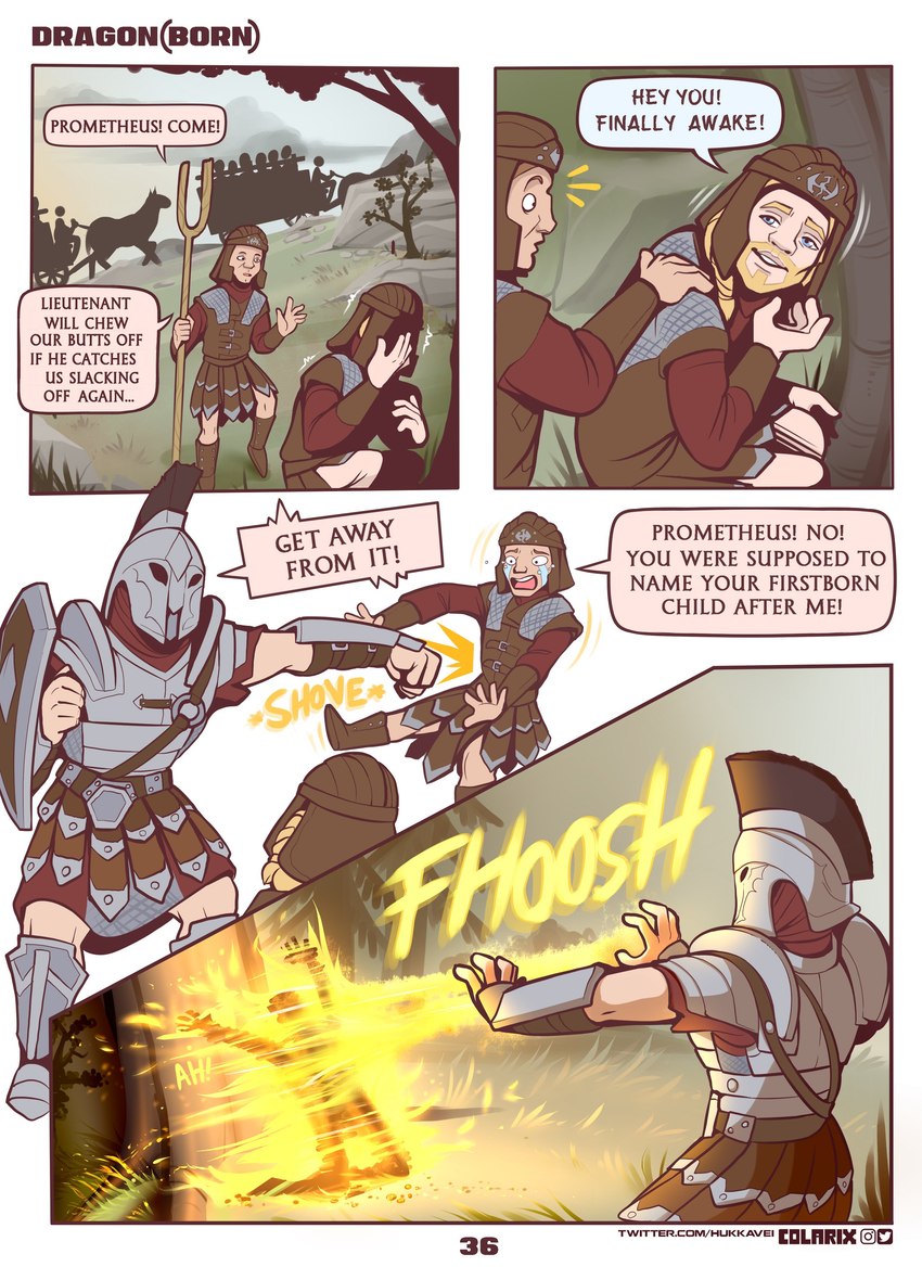 action_scene armor burned burning_alive death dialogue elemental_manipulation fire fire_manipulation headgear helmet infection magic male military punch shove shoving soldier spartan_armor_(roman) speech_bubble staff text transformation warrior colarix bethesda_game_studios microsoft skyrim the_elder_scrolls ralof_(skyrim) imperial absurd_res comic english_text hi_res url