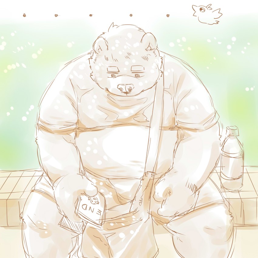 anthro belly big_belly bottomwear clothing kemono male overweight overweight_male shirt shorts sitting solo topwear furipon bear mammal 1:1 2023 absurd_res hi_res