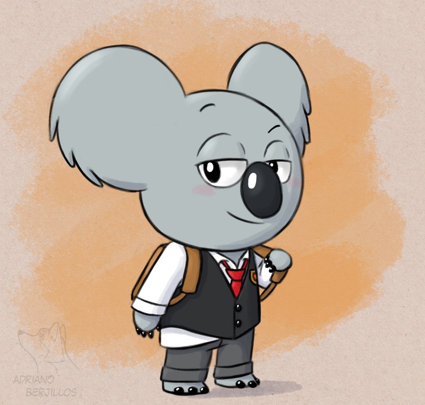 anthro backpack big_nose claws clothing fluffy_ears fur grey_body grey_fur half-closed_eyes male narrowed_eyes necktie school_uniform shirt solo topwear uniform vest adriano_berjillos cartoon_network we_bare_bears nom_nom_(we_bare_bears) koala mammal marsupial vombatiform