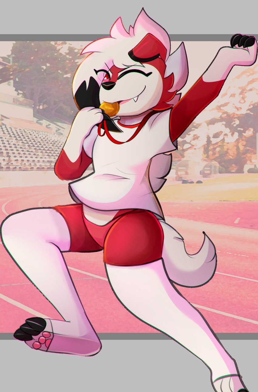 adolescent anthro clothing female flat_chested fur legwear looking_at_viewer medal pawpads raised_arm smile solo track_and_field white_body white_clothing white_fur white_legwear young kitsunekotaro nintendo pokemon lyra_woof generation_7_pokemon lycanroc midnight_lycanroc pokemon_(species) absurd_res hi_res