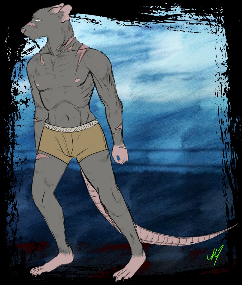 anthro barefoot boxers_(clothing) clothing feet male nipples notched_ear pink_feet pink_hands pink_nipples pink_tail scar slim small_waist solo tail underwear yellow_eyes sourmagic mammal murid murine rat rodent alpha_channel hi_res