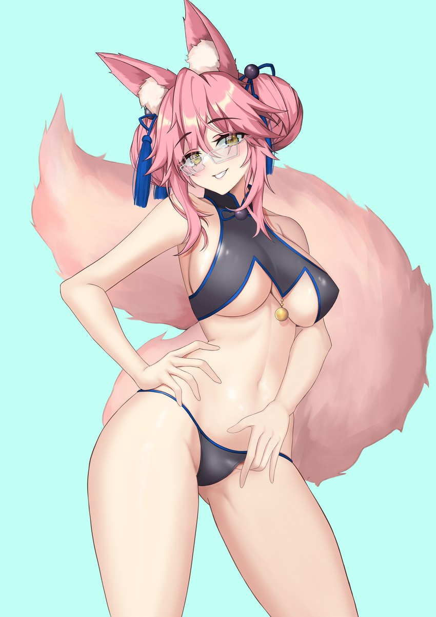 big_breasts bikini blush breasts clothing eyewear female glasses hair huge_breasts navel pink_hair pose short_hair simple_background smile solo swimwear two-piece_swimsuit yellow_eyes mubiisfree fate_(series) type-moon koyanskaya_(fate) animal_humanoid canid canid_humanoid canine canine_humanoid fox fox_humanoid humanoid mammal mammal_humanoid absurd_res hi_res