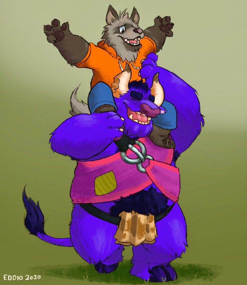 anthro bottomwear carrying_another clothing duo eyes_closed fur hoodie loincloth male overweight overweight_male pants paws purple_body purple_fur topwear eddio killigan's_treasure password_(visual_novel) dave_(password) killigan bovid bovine cattle hyena mammal striped_hyena 2020