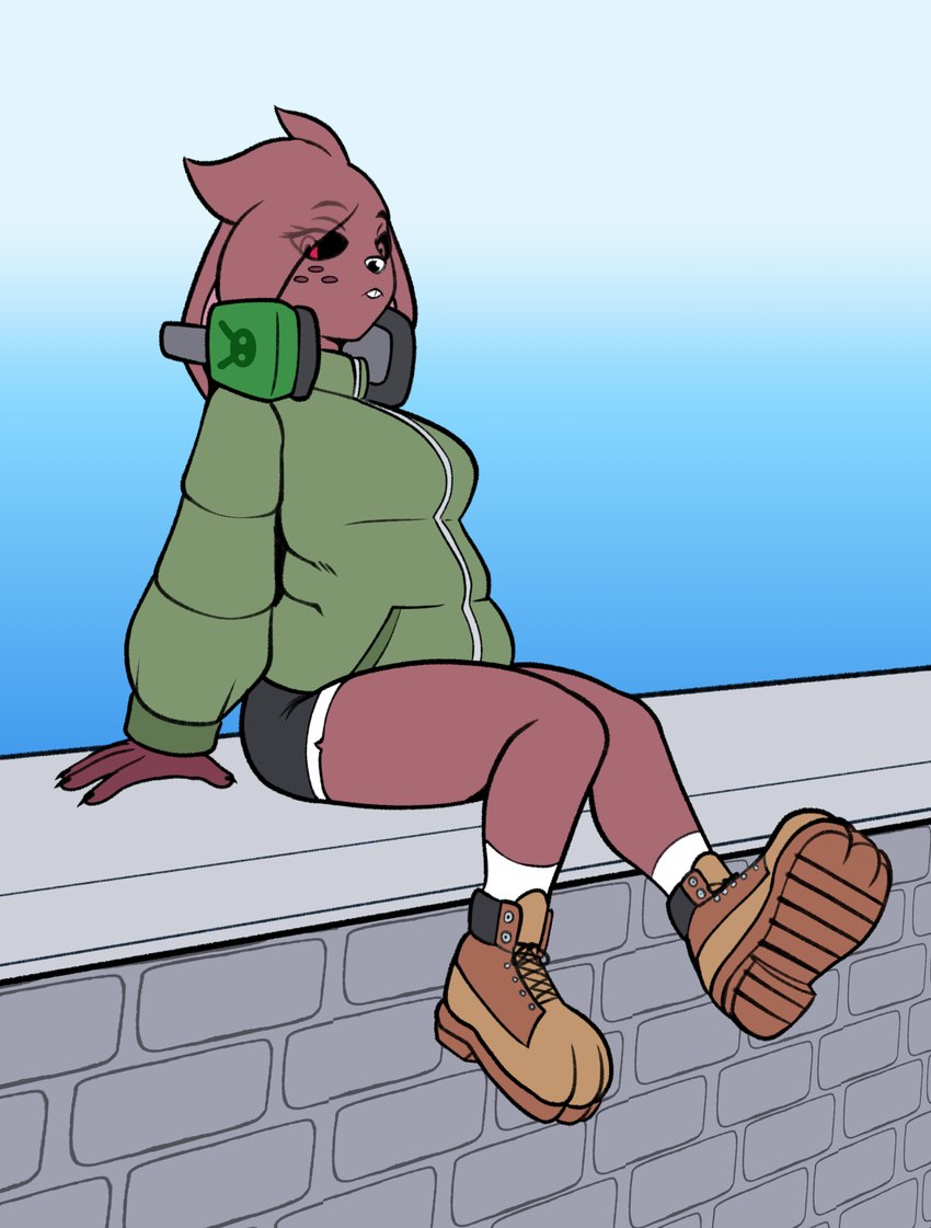 anthro big_sweater black_sclera boots bottomwear brown_body clothed clothing electronics female footwear freckles headphones hotpants looking_at_viewer red_eyes shoes shorts sitting fourssss diamond_(fours) lagomorph leporid mammal rabbit 2024 flat_colors hi_res