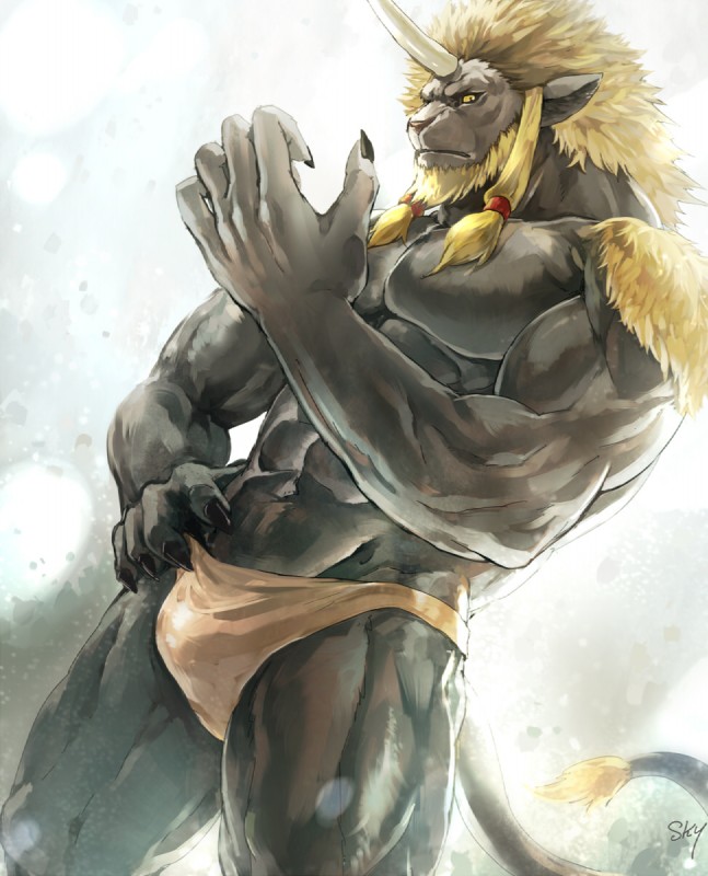 abs anthro beard black_body black_fur blonde_mane bulge clothing facial_hair fingernails frown fur hand_on_hip horn looking_at_viewer male mane muscular muscular_anthro muscular_male nails navel pecs sharp_nails solo underwear yellow_eyes sky_gomi final_fantasy final_fantasy_x square_enix biran felid mammal ronso 2016 hi_res