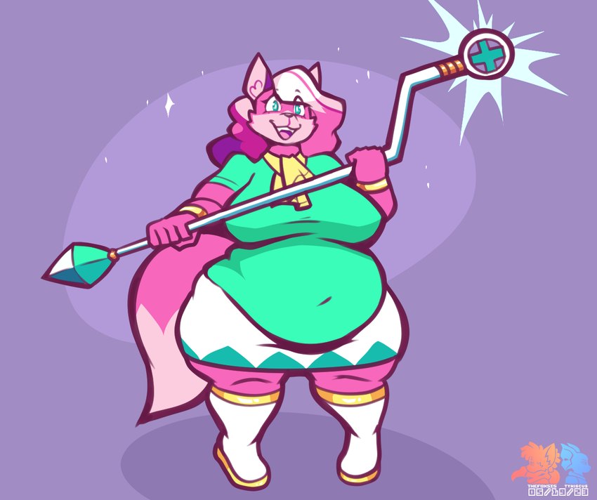 anthro drop_shadow female happy overweight overweight_female simple_background solo sparkles staff thefoxsista super_lesbian_animal_rpg melody_amaranth canid canine fox mammal 2023 full-length_portrait portrait trans_(lore) trans_woman_(lore)