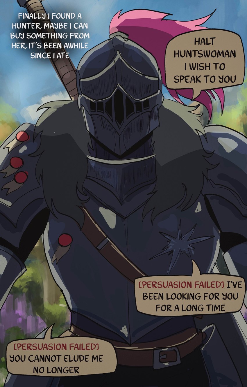 armor dialogue looking_at_viewer male outside solo speech_bubble text basedbinkie sir_jericho_(basedbinkie) ambiguous_species absurd_res comic english_text hi_res