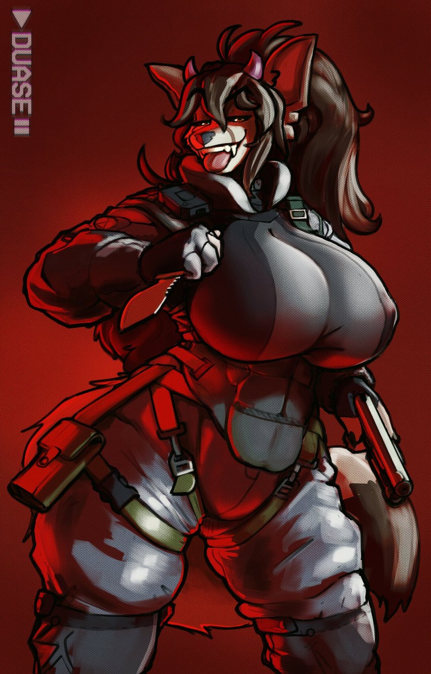 2_horns anthro big_breasts black_clothing black_gloves black_handwear breasts brown_hair clothed clothed_anthro clothed_female clothing female fingerless_gloves fluffy fluffy_tail gloves gun gun_holster hair handgun handwear holding_gun holding_handgun holding_knife holding_object holding_pistol holding_ranged_weapon holding_weapon horn huge_breasts knife long_hair looking_at_viewer nipple_outline pistol ranged_weapon red_background simple_background solo standing stealth_suit tail thick_thighs tongue tongue_out trigger_discipline weapon wide_hips yellow_eyes duase chloe_(desertvixn2) canid canine fennec_fox fox mammal true_fox 2024 hi_res