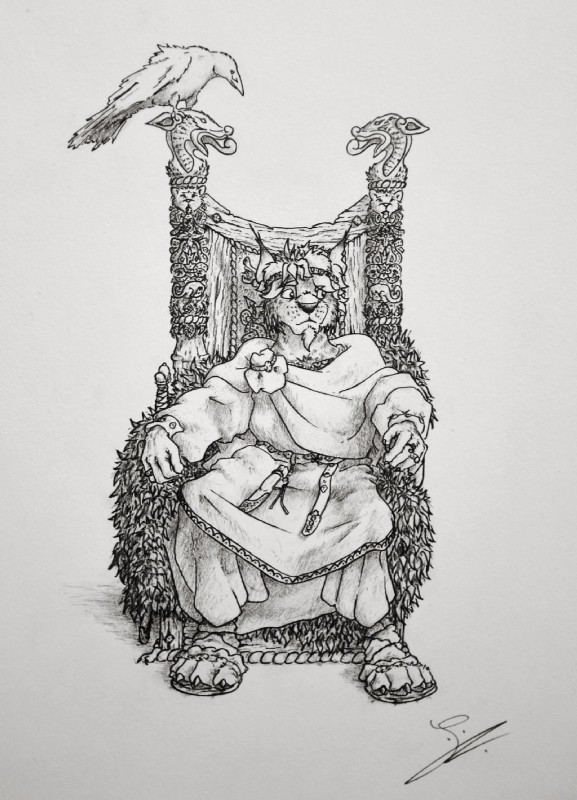 anthro belt bottomwear chair clothed clothing coat crown duo fashion feral fully_clothed furniture hair headgear male melee_weapon pants paws prince rich ring royalty ruins shirt solo_focus sword throne topwear tunic viking weapon dagootter avian bird corvid corvus_(genus) felid feline lynx mammal oscine passerine raven full-length_portrait graphite_(artwork) hi_res portrait traditional_media_(artwork)