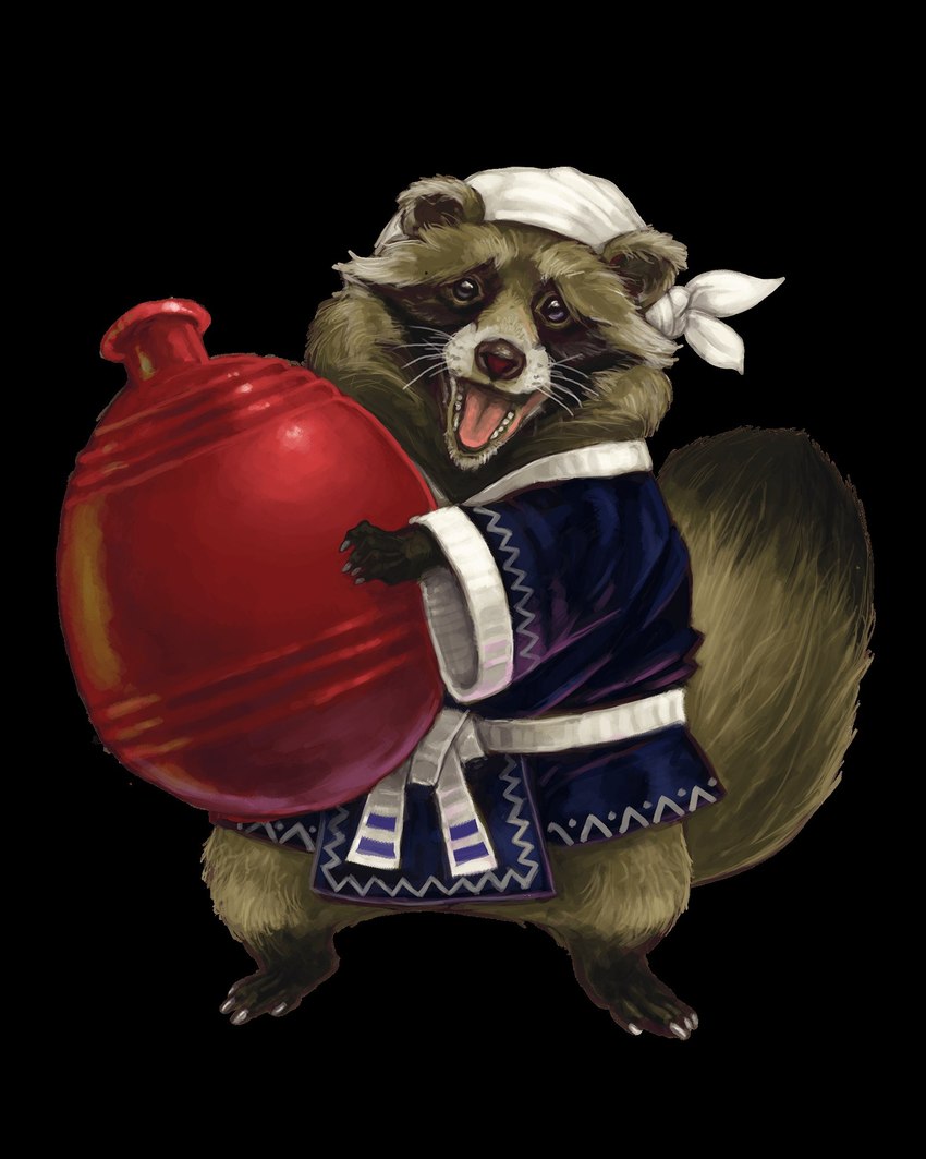 ambiguous_gender anthro asian_clothing barefoot bottle clothed clothing container feet headgear headwear holding_bottle holding_container holding_object holding_with_two_hands looking_at_viewer role-playing_game smile smiling_at_viewer solo chris_l._kimball asian_mythology mythology paizo pathfinder canid canine mammal raccoon_dog tanuki 4:5 hi_res official_art