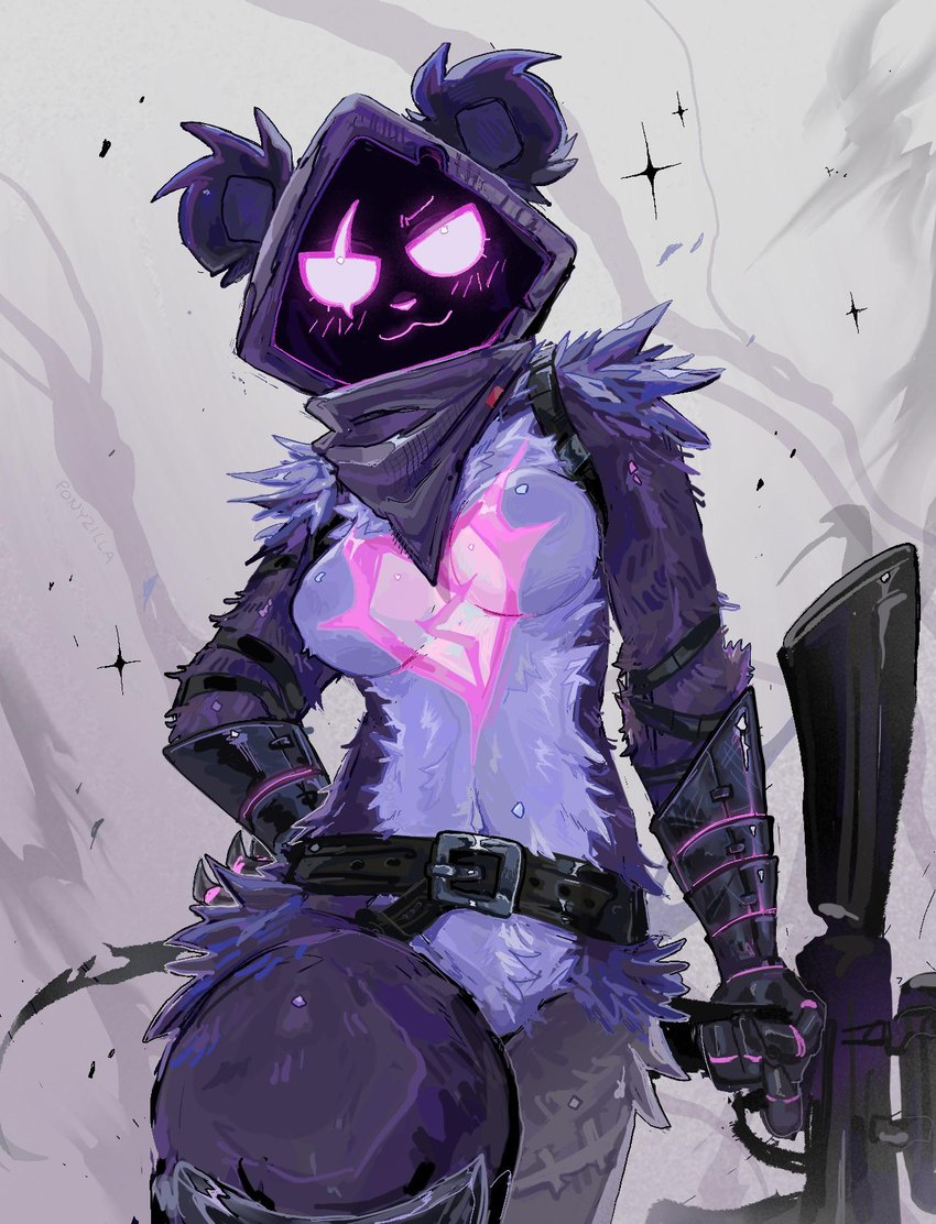 4_fingers anthro big_breasts blush breasts female female_anthro fingers fur gun looking_at_viewer navel nude nude_anthro nude_female purple_body purple_fur ranged_weapon smile solo standing weapon ponyzilla epic_games fortnite raven_team_leader 2024 hi_res