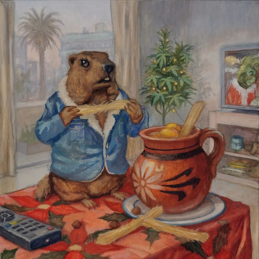 biped black_nose brown_body clothed clothing detailed_background eating electronics feral inside solo sugar_cane television joaquincarre grinch ground_squirrel groundhog mammal marmot rodent sciurid 1:1 2023 gouache_(artwork) hi_res painting_(artwork) shaded traditional_media_(artwork)