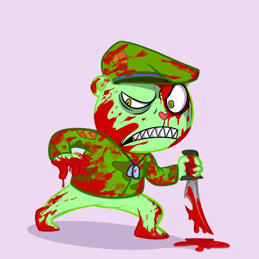 4_fingers anthro blood bloodied bodily_fluids bottomless camo camo_clothing camo_print camo_shirt camo_topwear clothed clothing covered_in_blood dog_tag_necklace dog_tags eye_bags fingers gore green_body green_clothing green_eyes heart_nose heart_symbol holding_knife holding_object knife looking_at_viewer male military_clothing pattern_clothing pattern_shirt pattern_topwear pink_background sharp_teeth shirt simple_background solo teeth topwear herebecritters happy_tree_friends flippy_(htf) fliqpy_(htf) bear mammal ursine 1:1 hi_res