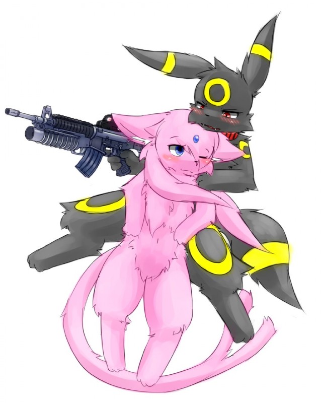 ambiguous_gender anthro ar-15 armed assault_rifle black_body black_fur blue_eyes blush duo forehead_gem forked_tail fur gem grenade_launcher gun hand_on_shoulder holding_gun holding_object holding_ranged_weapon holding_weapon interspecies m203 m4 nude one_eye_closed open_mouth pink_body pink_fur ranged_weapon red_eyes rifle romantic romantic_couple shy simple_background tail trigger_discipline unusual_anatomy unusual_tail weapon white_background wings pvt._keron nintendo pokemon fan_character keron eeveelution espeon generation_2_pokemon pokemon_(species) umbreon 2012 4:5 full-length_portrait hi_res portrait