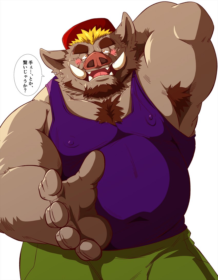 anthro armpit_hair belly big_belly blush body_hair bottomwear clothing dialogue hat headgear headwear humanoid_hands kemono male overweight overweight_male pants shirt solo text topwear raichoclub mammal suid suine sus_(pig) wild_boar 2022 hi_res japanese_text