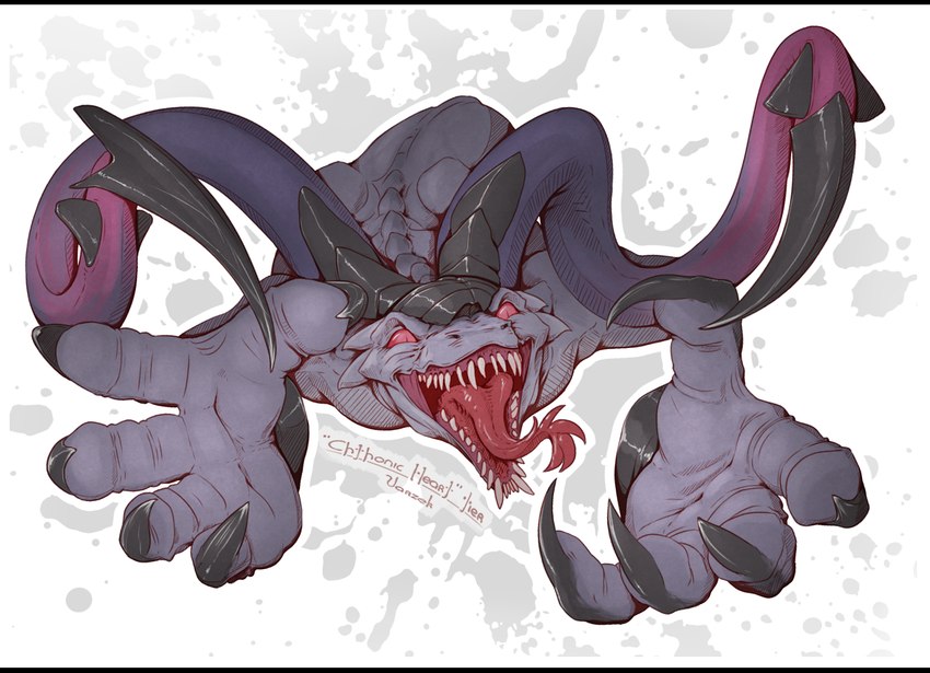 ambiguous_gender black_bars claws creepy dangerous fangs not_furry nude open_mouth purple_body red_eyes simple_background solo teeth teeth_showing tongue tongue_out kredri alien_(franchise) alien hybrid xenomorph letterbox