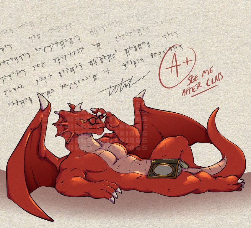 adjusting_glasses book_on_lap convenient_censorship eyewear feral glasses looking_at_viewer lounging male male_feral membrane_(anatomy) membranous_wings nude nude_feral nude_male pose red_body red_scales scales seductive solo tail teacher text wings zinthings mythology runescape mr._mordaut dragon mythological_creature mythological_scalie scalie pinup watermark