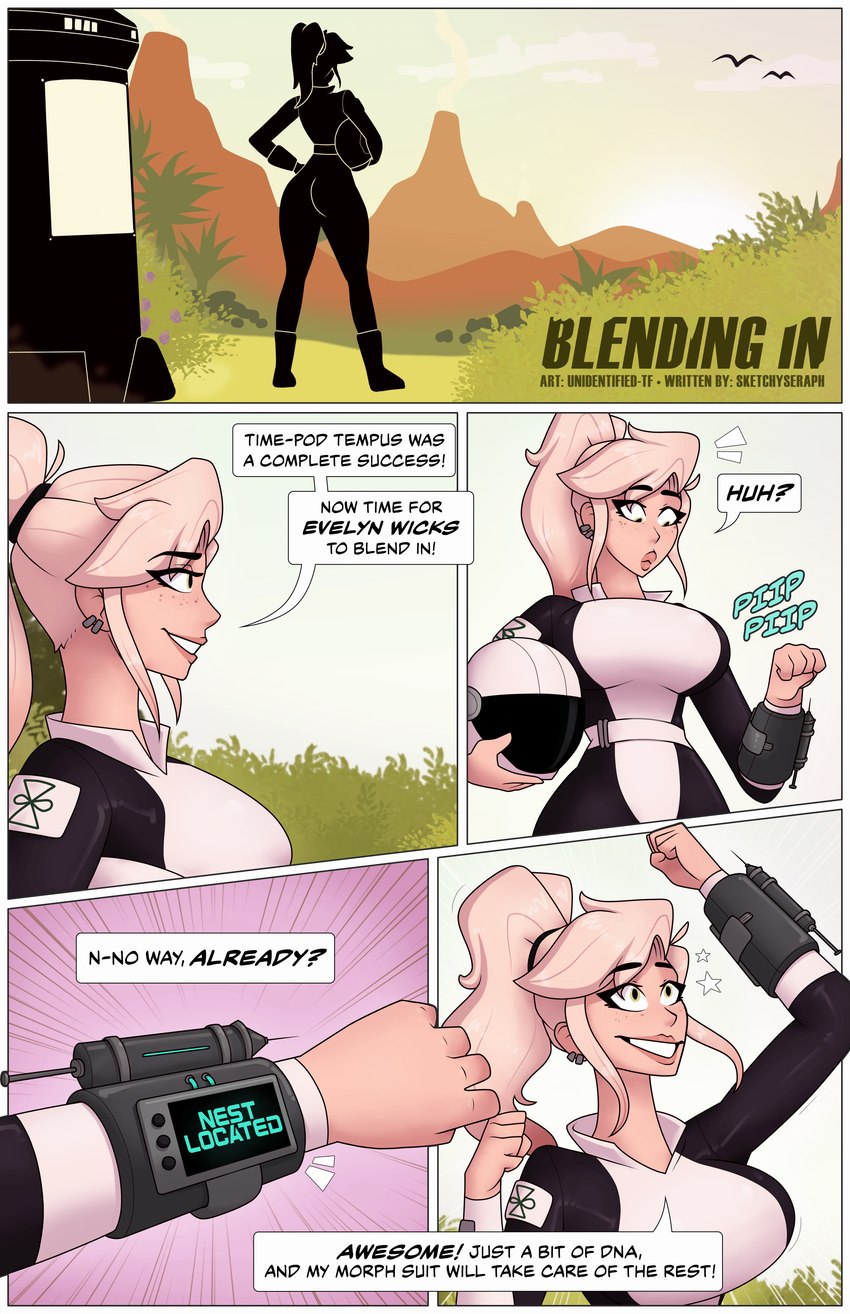 big_breasts blonde_hair bodysuit breasts clothed clothing female green_eyes hair simple_background skinsuit smile solo text tight_clothing time_travel unidentified-tf human mammal 2021 absurd_res comic english_text hi_res