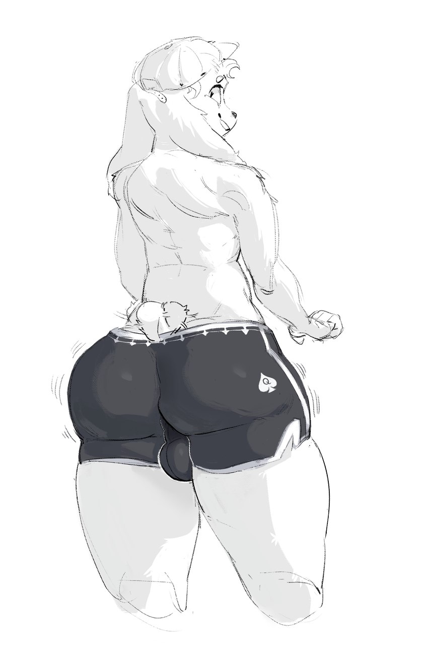 anthro athletic_wear balls_outline big_butt bottomwear bubble_butt bulge butt clothed clothing detailed_bulge dipstick_ears ear_markings femboy fur genital_outline gym_bottomwear gym_shorts hair hat headgear headwear huge_butt male multicolored_ears rear_view shadow short_hair short_tail shorts smile solo standing tail white_body white_fur spooniel spani bird_dog canid canine canis domestic_dog hunting_dog mammal spaniel absurd_res cel_shading hi_res shaded signature